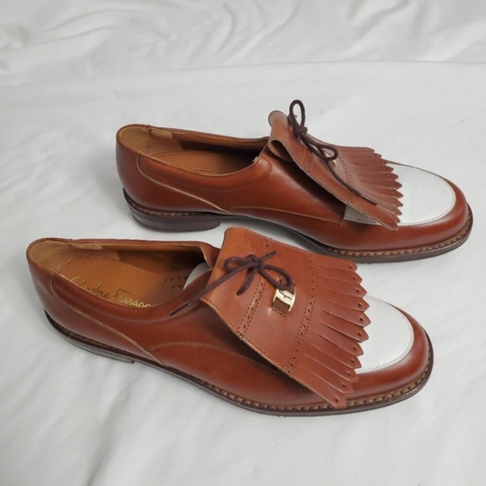 Salvatore Ferragamo SPORT Vintage Leather Kiltie Golf Shoes - Tan & White - Picture 4 of 12